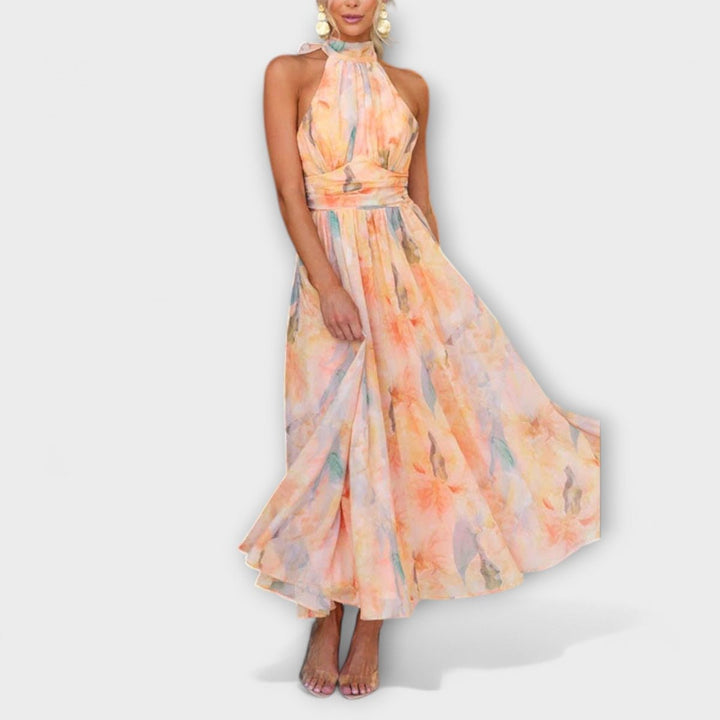 Olivia | Women's Watercolor Halter Neck Flowy Maxi Cocktail Party Dress