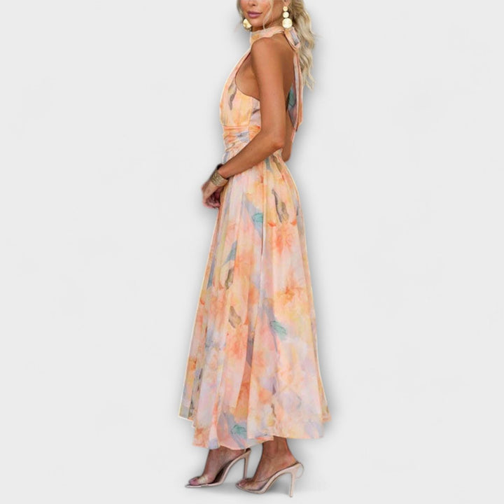 Olivia | Women's Watercolor Halter Neck Flowy Maxi Cocktail Party Dress